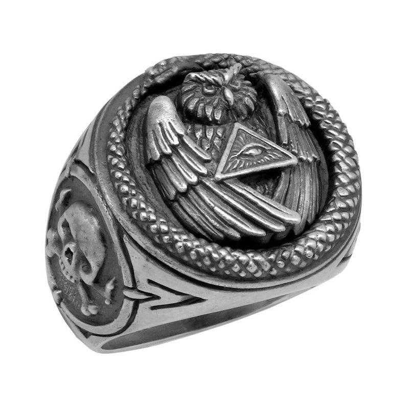 Sterling Silver 925 mens ring, All Seeing Eye Pyramid Ring, Illuminati Snake Owl Skull Mens power Ring Image 9