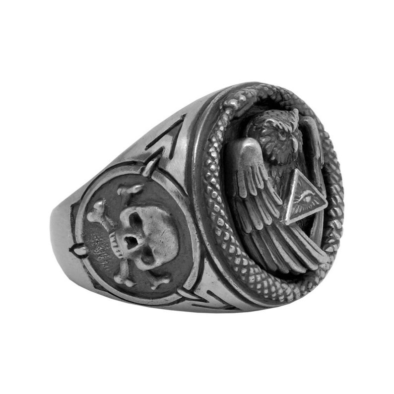 Sterling Silver 925 mens ring, All Seeing Eye Pyramid Ring, Illuminati Snake Owl Skull Mens power Ring Image 8