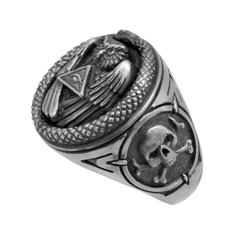 Sterling Silver 925 mens ring, All Seeing Eye Pyramid Ring, Illuminati Snake Owl Skull Mens power Ring Image 7