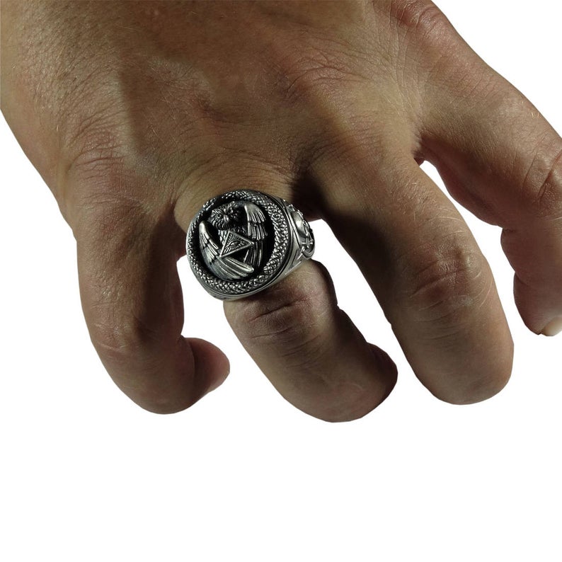 Sterling Silver 925 mens ring, All Seeing Eye Pyramid Ring, Illuminati Snake Owl Skull Mens power Ring Image 6