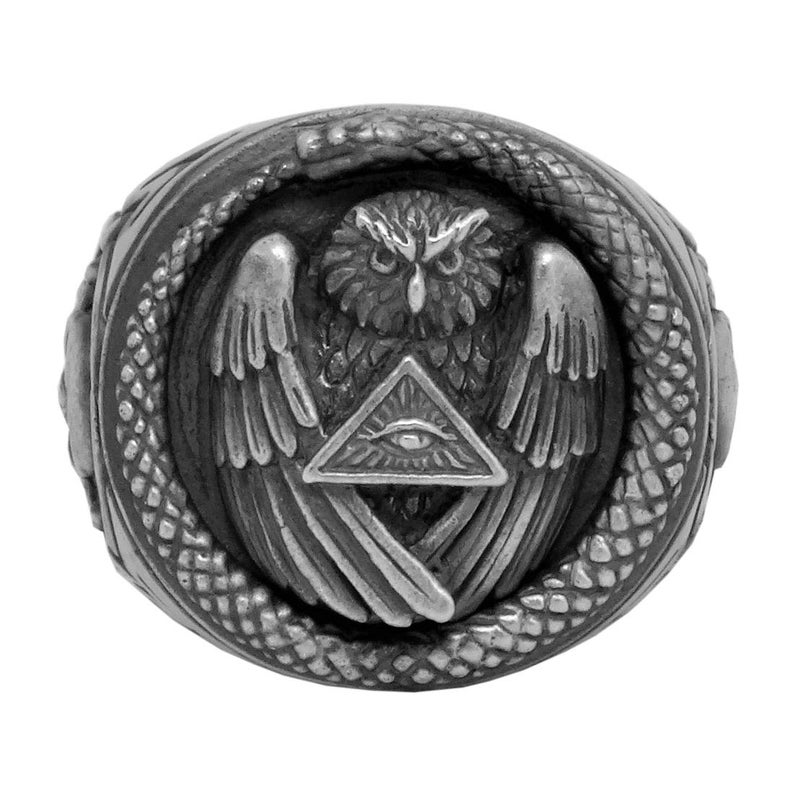 Sterling Silver 925 mens ring, All Seeing Eye Pyramid Ring, Illuminati Snake Owl Skull Mens power Ring Image 5