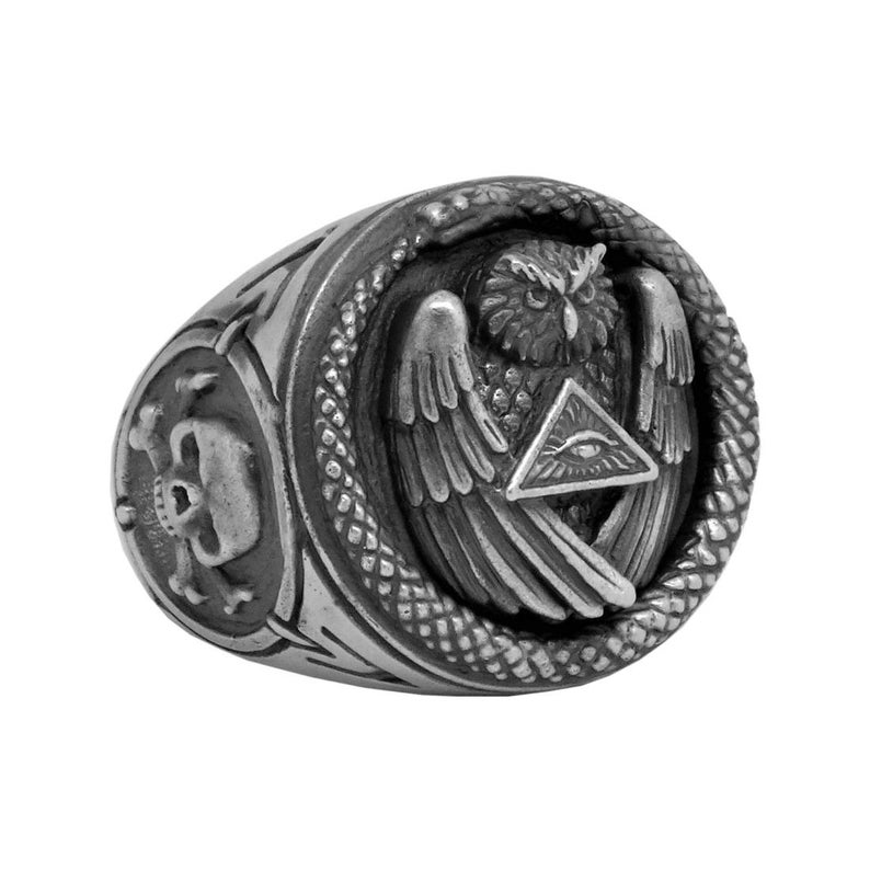 Sterling Silver 925 mens ring, All Seeing Eye Pyramid Ring, Illuminati Snake Owl Skull Mens power Ring Image 3