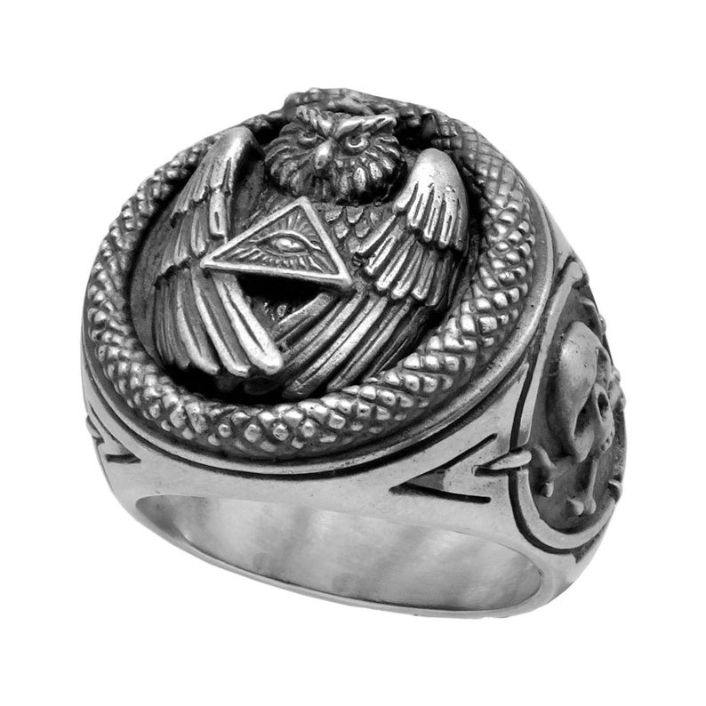 Sterling Silver 925 mens ring, All Seeing Eye Pyramid Ring, Illuminati Snake Owl Skull Mens power Ring Image 2