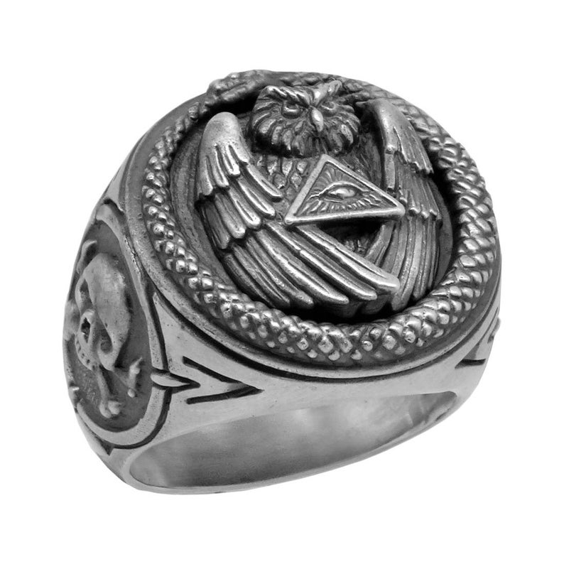 Sterling Silver 925 mens ring, All Seeing Eye Pyramid Ring, Illuminati Snake Owl Skull Mens power Ring